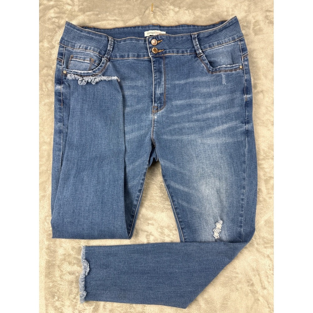 SimplYoung Skinny Jeans Womens 22 Blue Medium Wash High Rise Frayed Hem Stretch